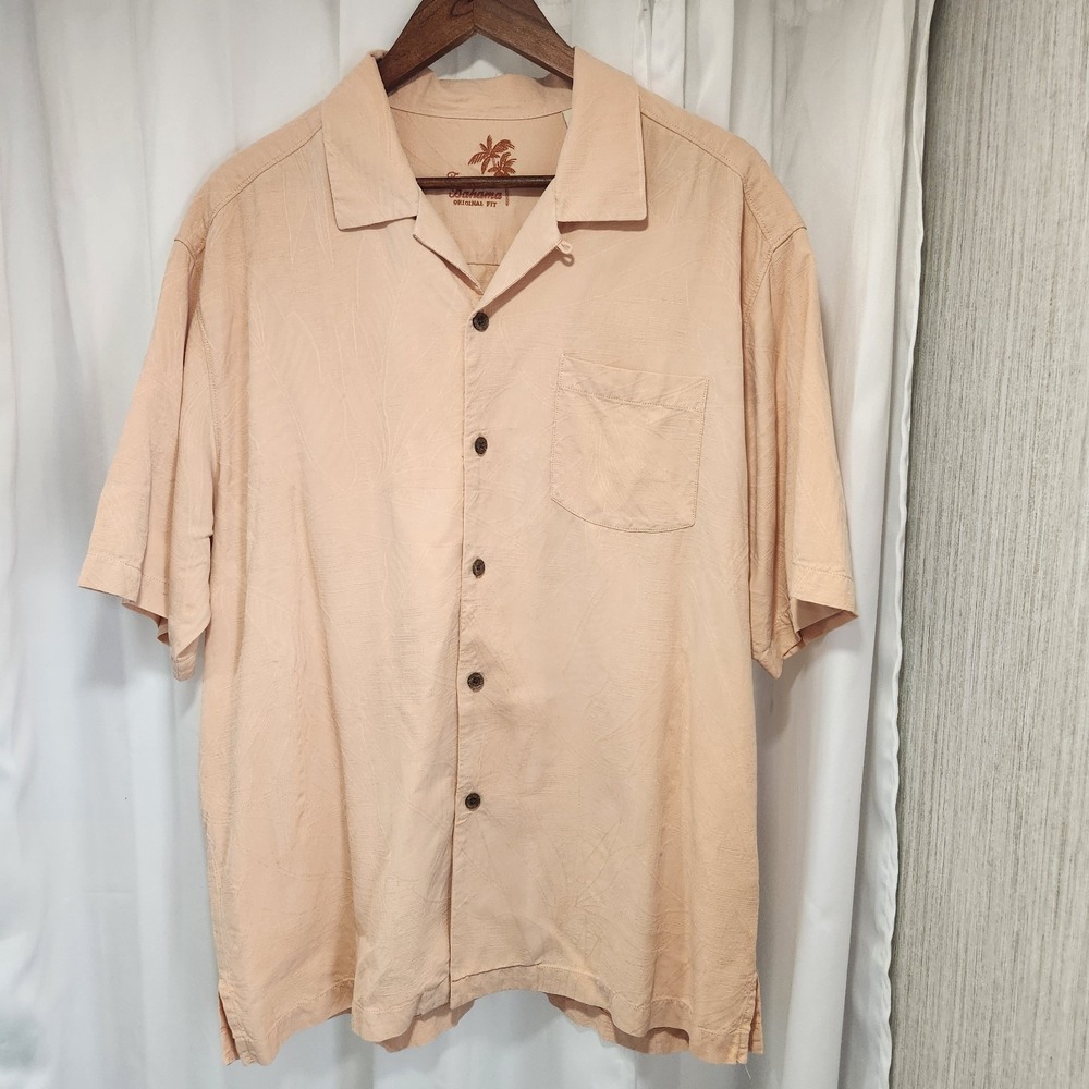 Tommy Bahama Shirt‎ Men's  L Peach Silk Hawaiian Short Sleeve Button Down Palms